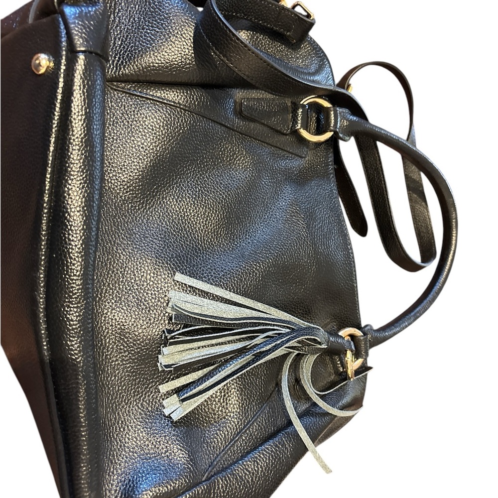 Black Leather Shoulder Bag with Tassel and Metallic Hardware
